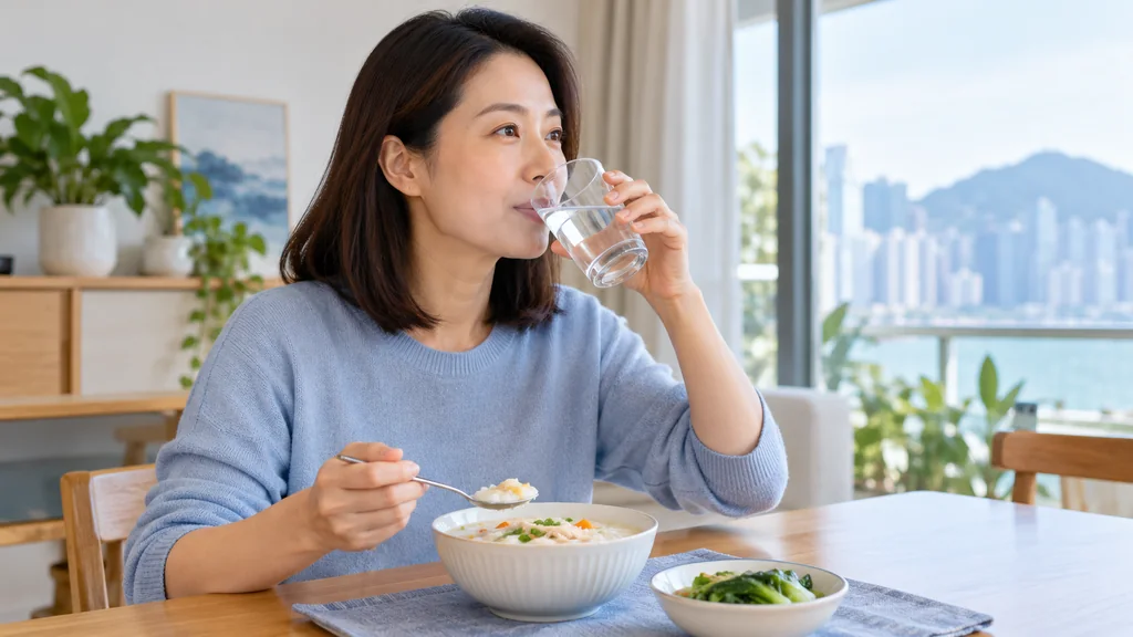 A woman drinks water with a meal at home, illustrating an everyday eating situation.