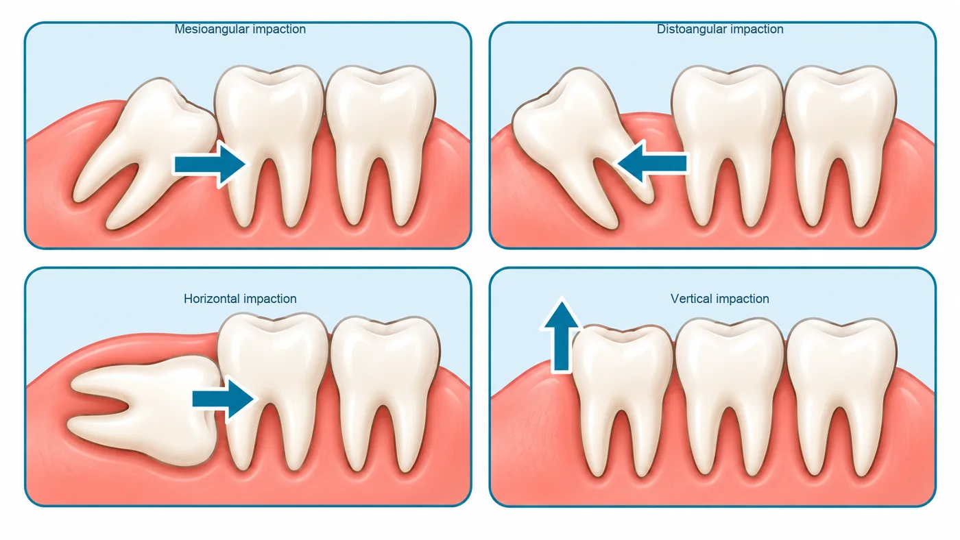 Four common wisdom tooth impaction angulations: vertical, mesioangular, horizontal and distoangular