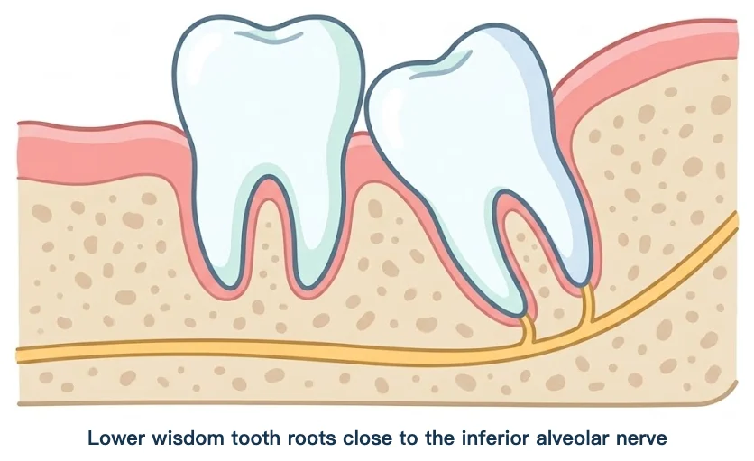 Cutaway diagram of a lower wisdom tooth with its roots close to the inferior alveolar nerve