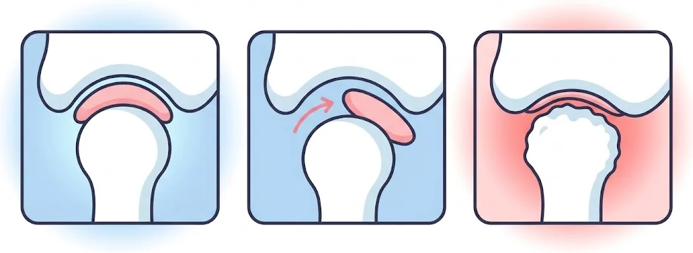 Jaw joint diagram: healthy joint, disc slipped forward, and arthritis