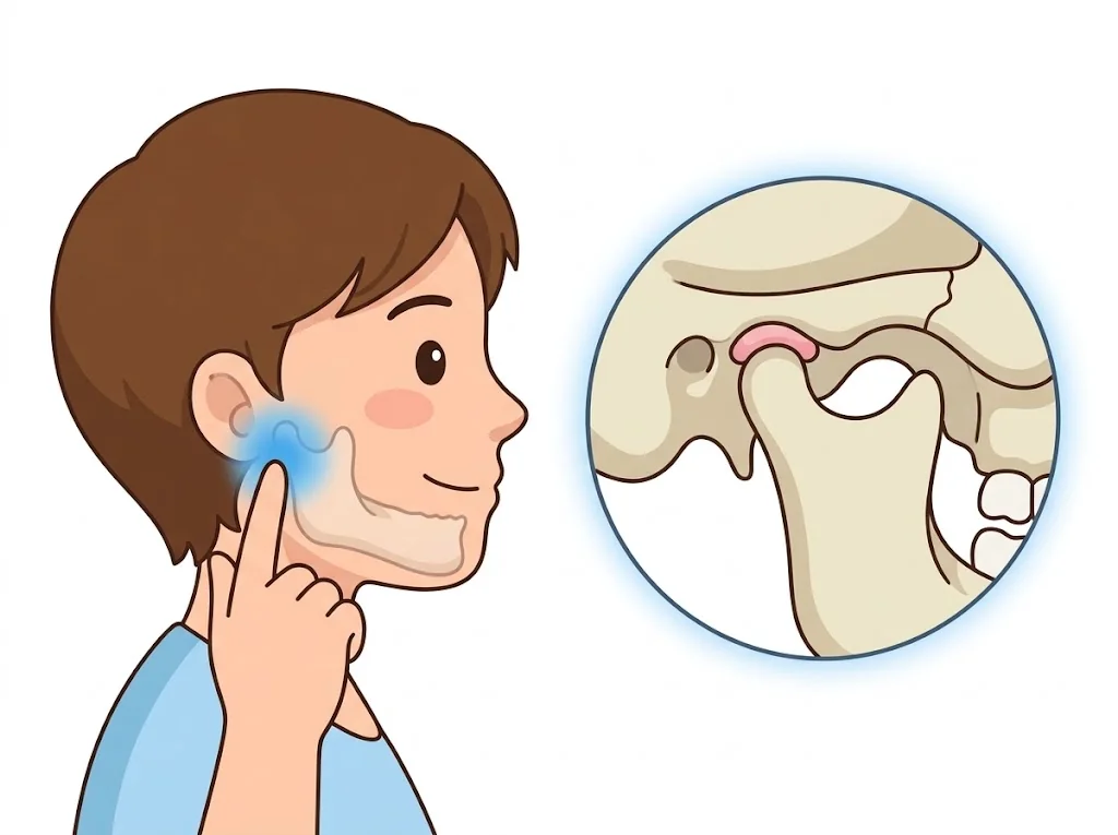 Diagram showing the temporomandibular joint in front of the ear, where the lower jaw meets the skull