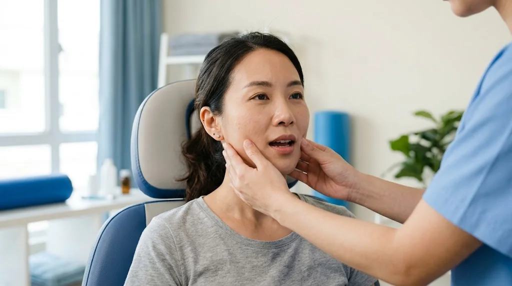 A physiotherapist guiding a slow jaw-opening exercise