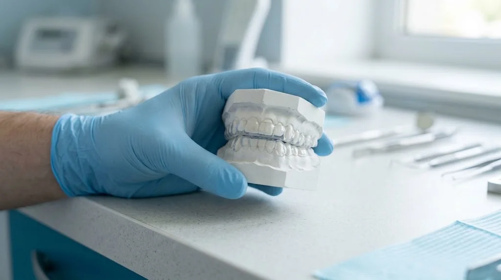 A clear hard acrylic splint fitted on a dental model